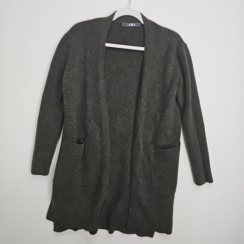 Chunky Long Knit Cardigan Sweater Womens Size L Green Open Front Pockets Stretch